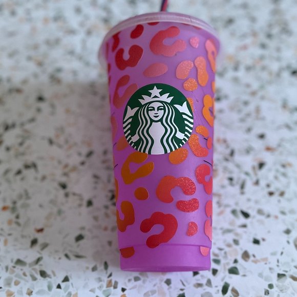 Pink and Orange Leopard Print 24 oz Starbucks color change Cold Cup - Picture 2 of 2